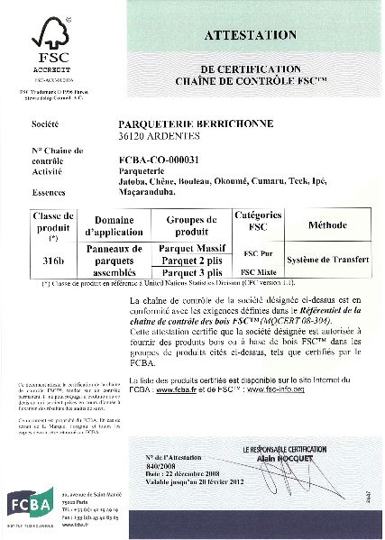 Certification FSC Parqueterie Berrichonne